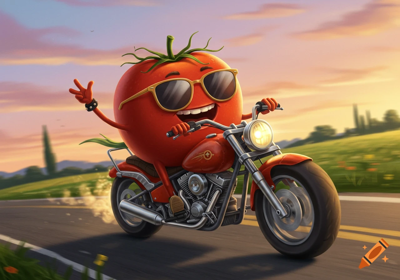 Cartoon tomato character wearing sunglasses riding a motorcycle on a road at sunset.
