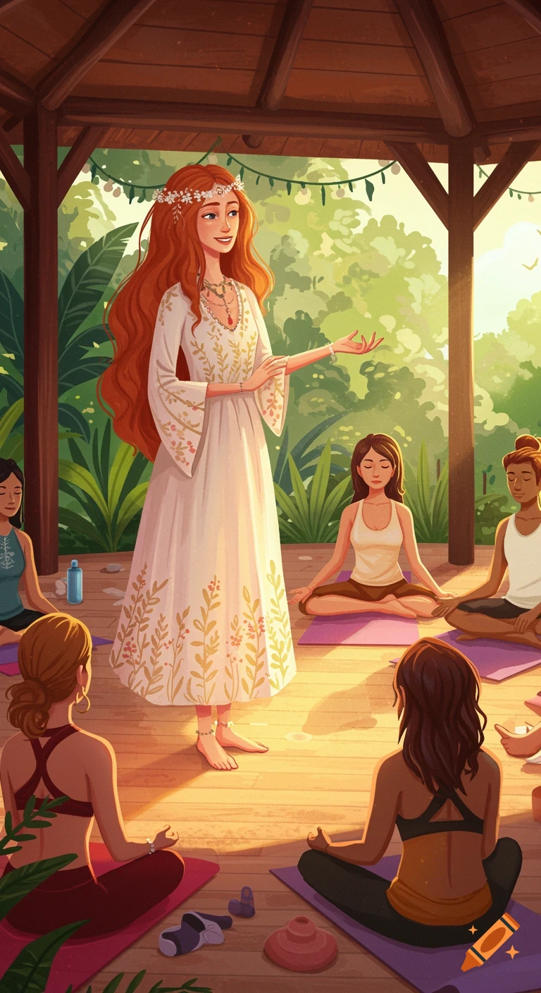 A yoga teacher leading a class outdoors in a pavilion