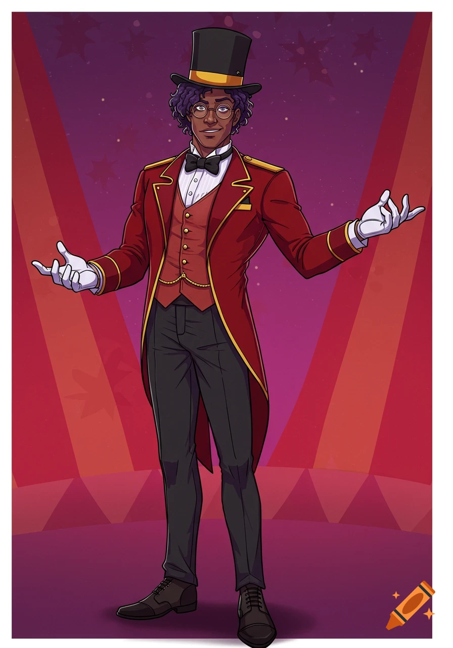 Cartoon illustration of a male circus ringmaster in a red tailcoat and black top hat standing and gesturing.