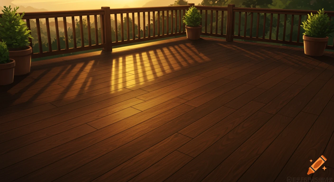 A wooden deck at sunset, casting long shadows over trees.