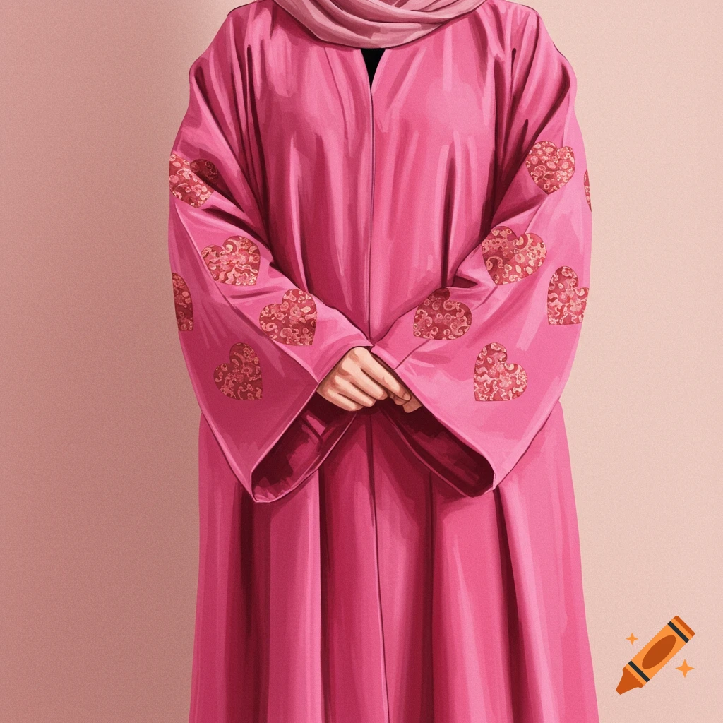 A person wearing a pink abaya with heart patterns on the sleeves.