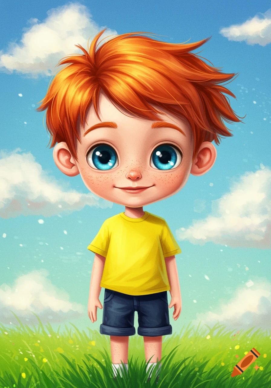 A cute, freckled boy with red hair and blue eyes smiles in a grassy meadow under a cloudy sky.