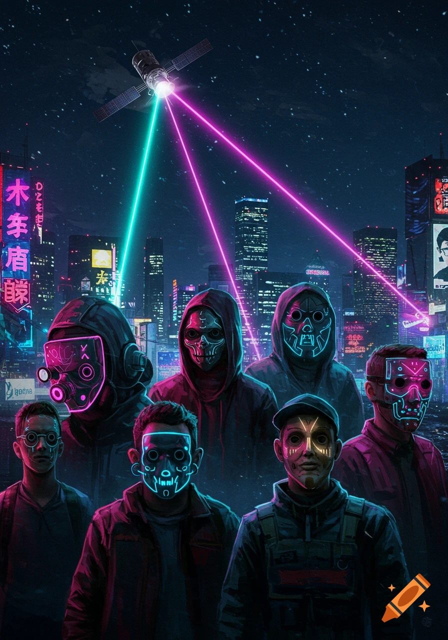 Masked people stand in a neon-lit cyberpunk city at night with light beams from a satellite overhead.