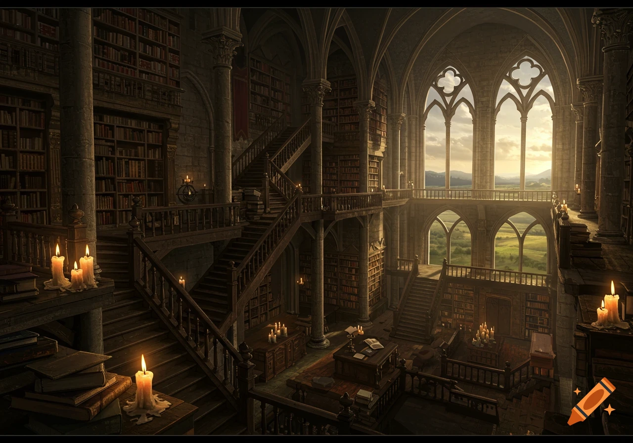 Multi-story library in a castle with staircases and arched windows.