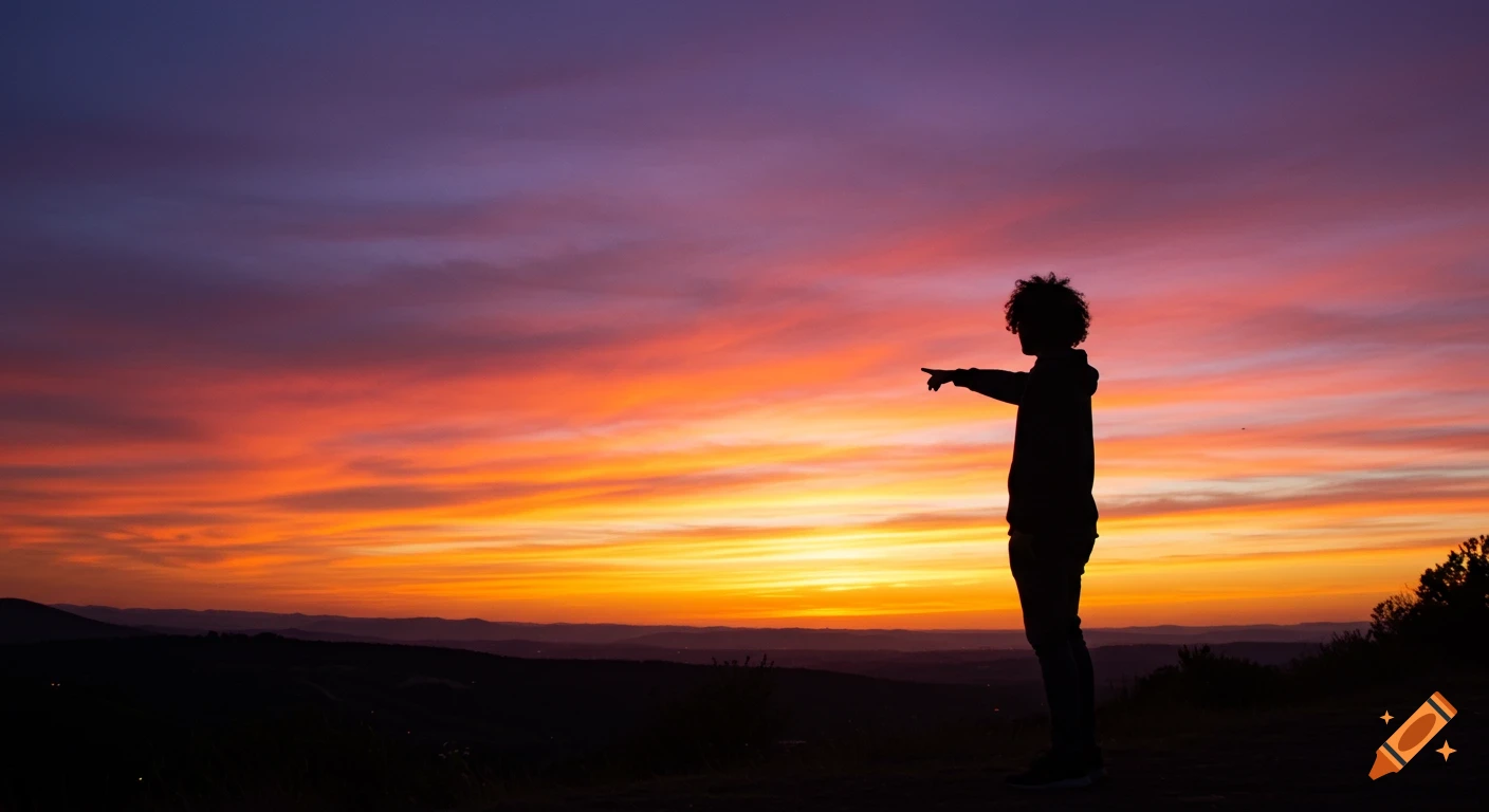 Silhouette of a person pointing at a vibrant sunset sky over rolling hills.