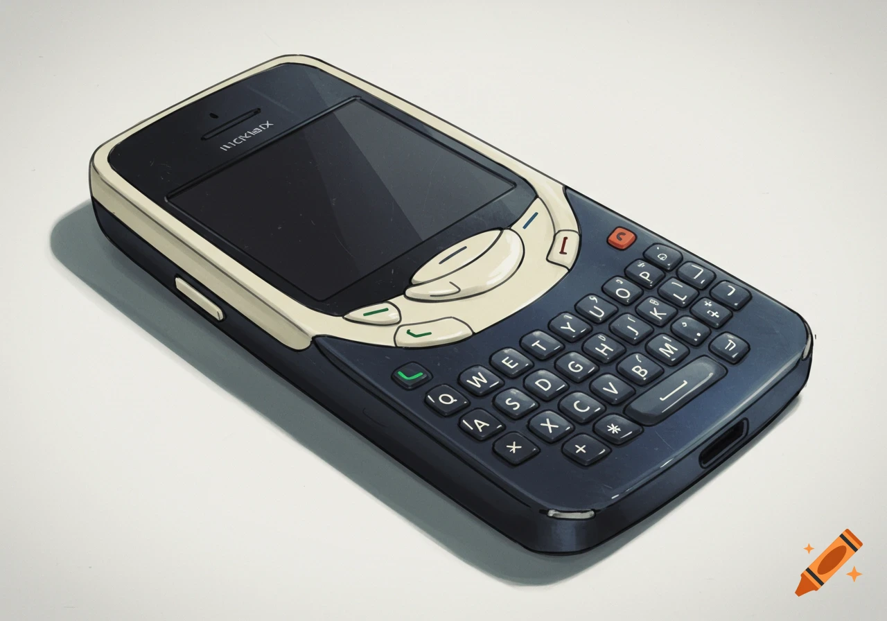 An old-style mobile phone with a full physical keyboard on a white background.