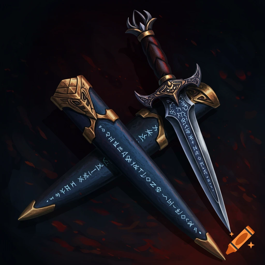 A detailed image of a fantasy dagger and its sheath, both engraved with glowing runes.