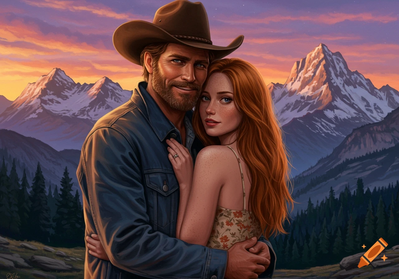 A cowboy embracing a woman in a mountain landscape at sunset.