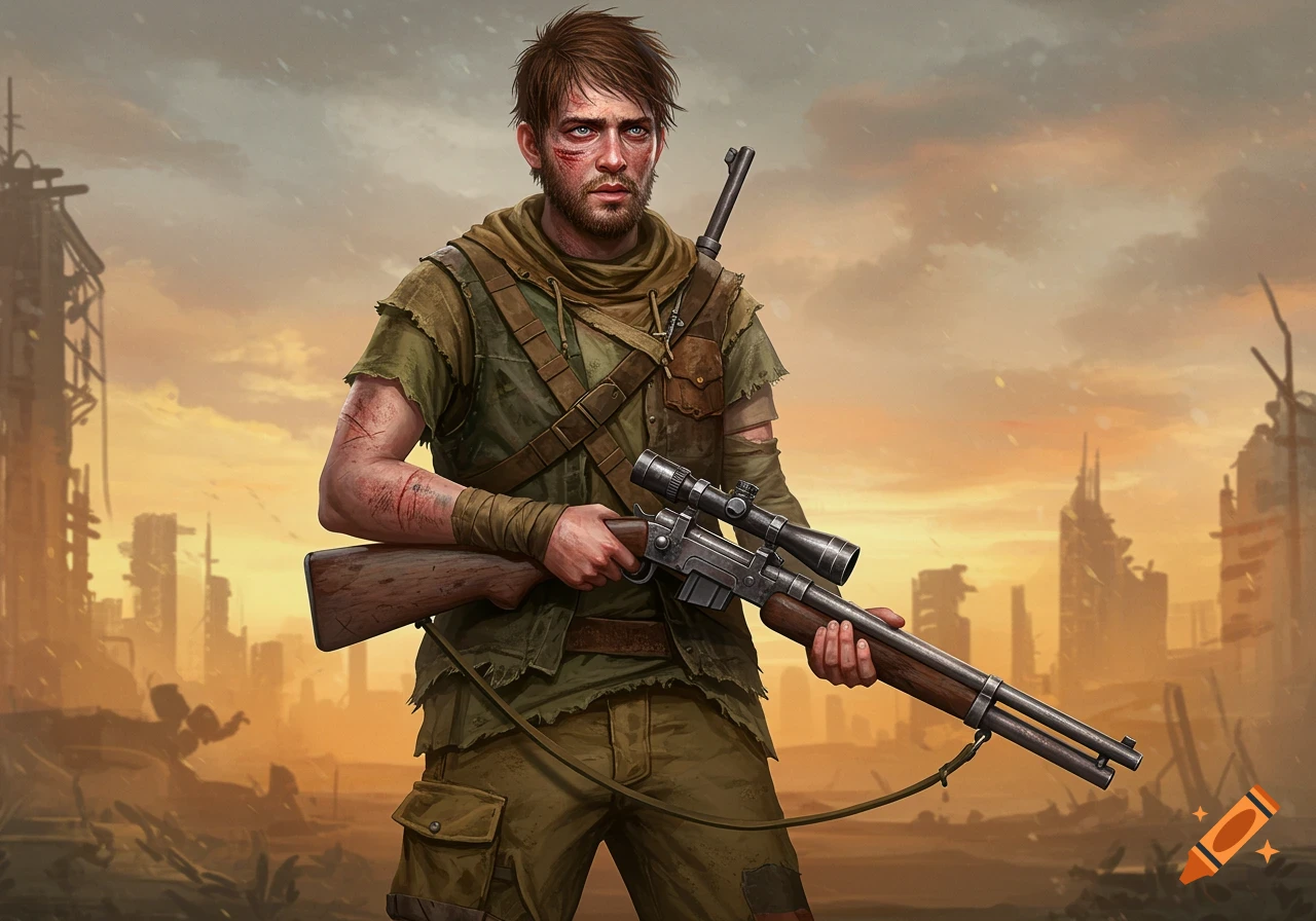 A young male survivor holding a rifle in a ruined city at sunset.