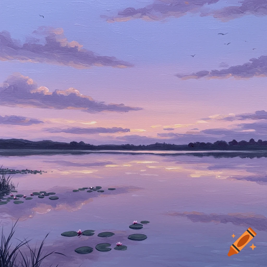 Painting of a serene lake at sunset with lily pads and reflections.