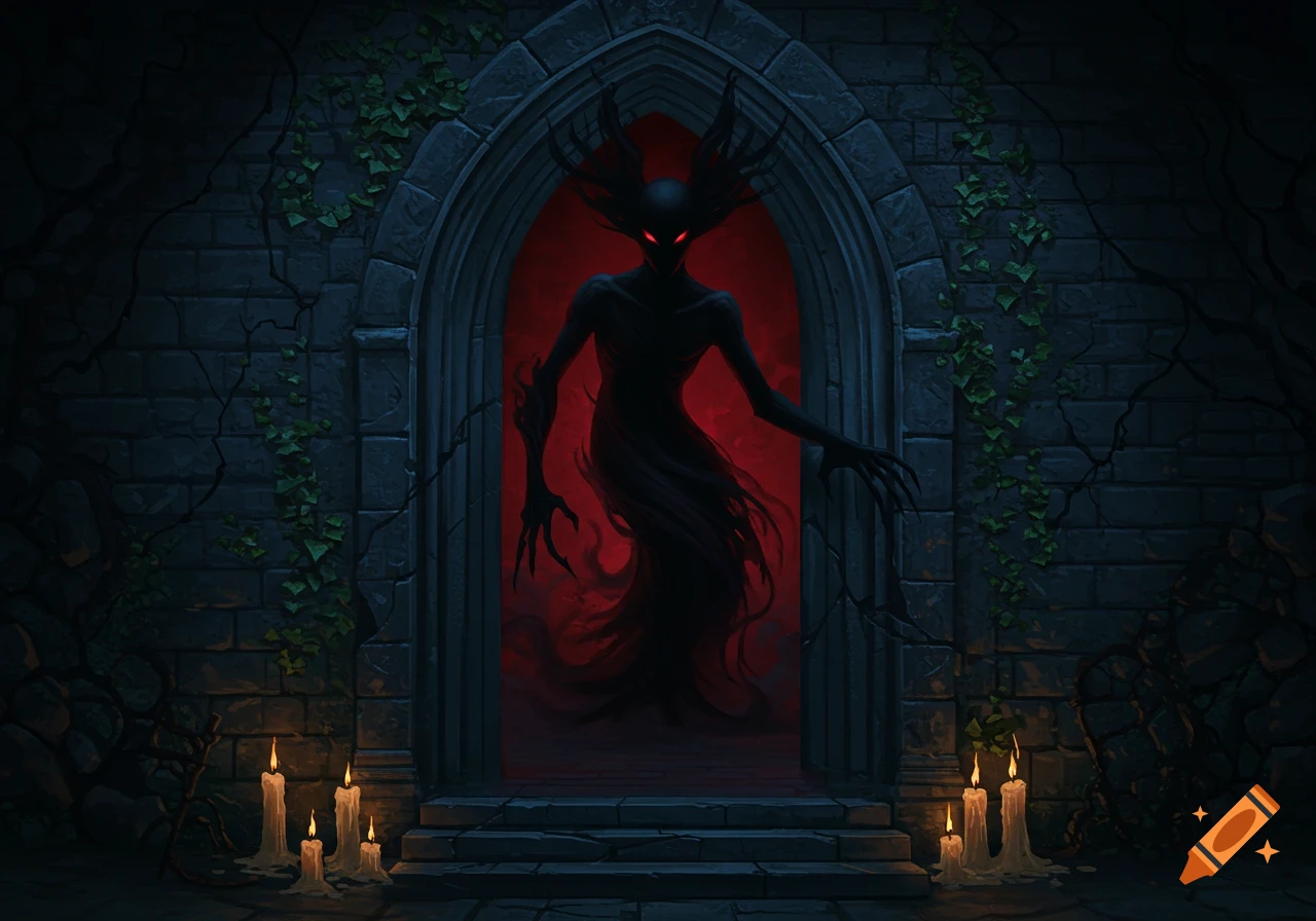 A dark shadow monster with red eyes emerging from a gothic archway, lit by candles.