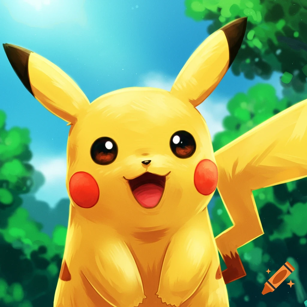 A smiling Pikachu in a forest.