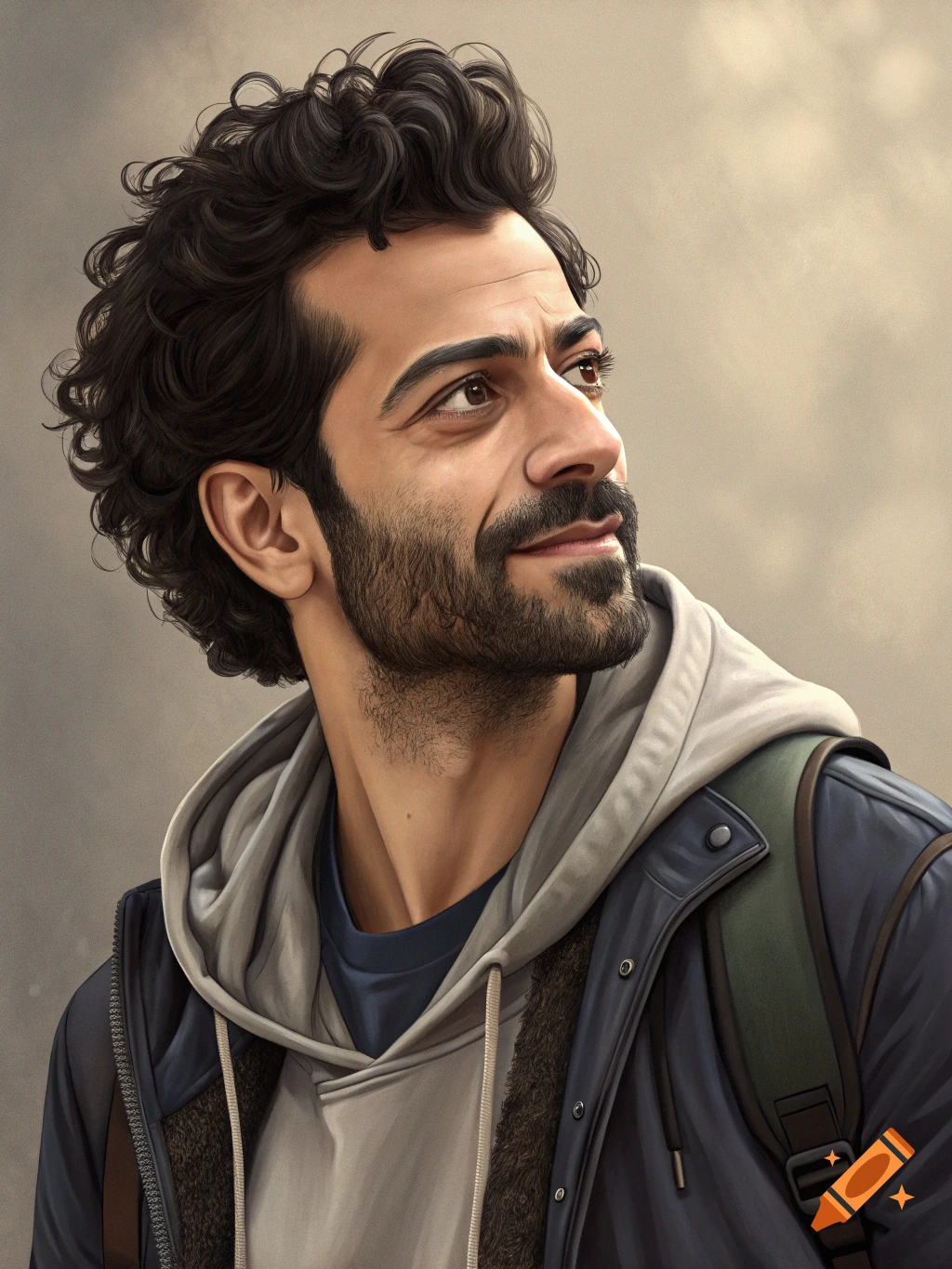 Portrait of a man with curly hair and beard looking up, wearing a hoodie and jacket