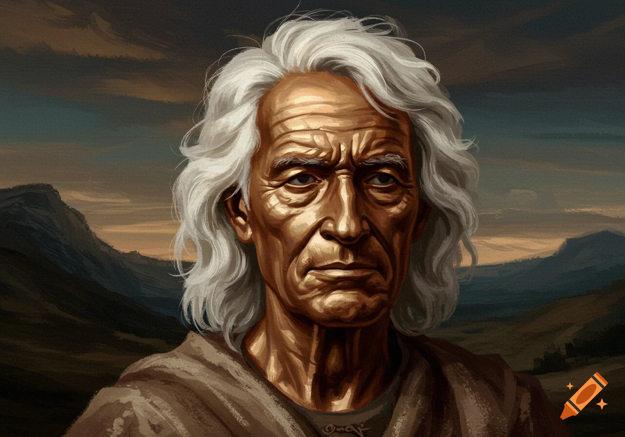 An elderly man with white hair and bronzed skin against a mountain landscape.