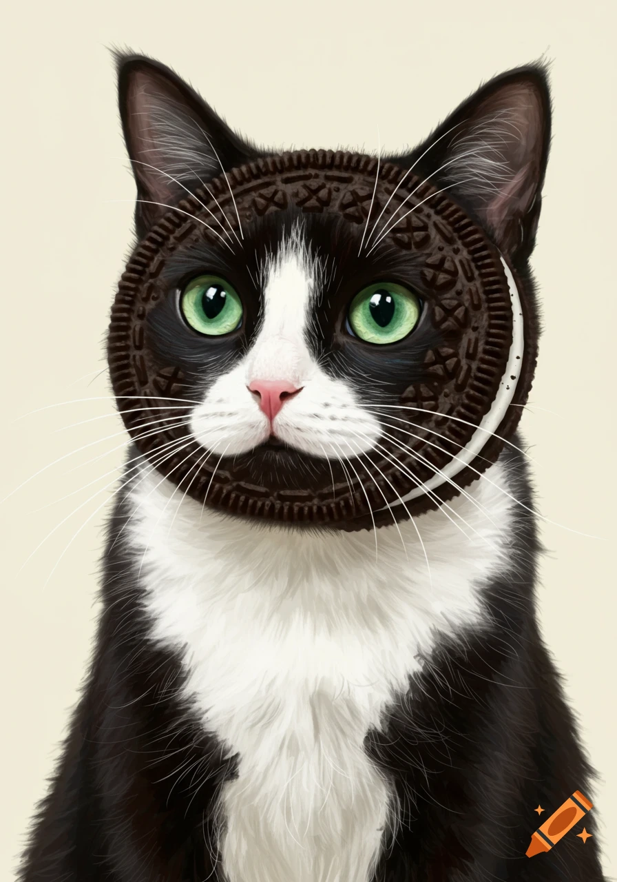 A tuxedo cat with an Oreo cookie covering its nose and mouth area.