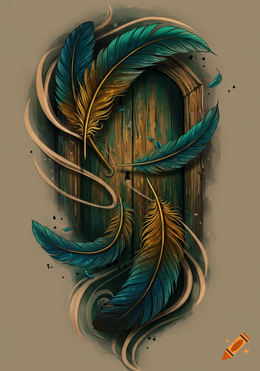 Blue and gold feathers swirl around a wooden door