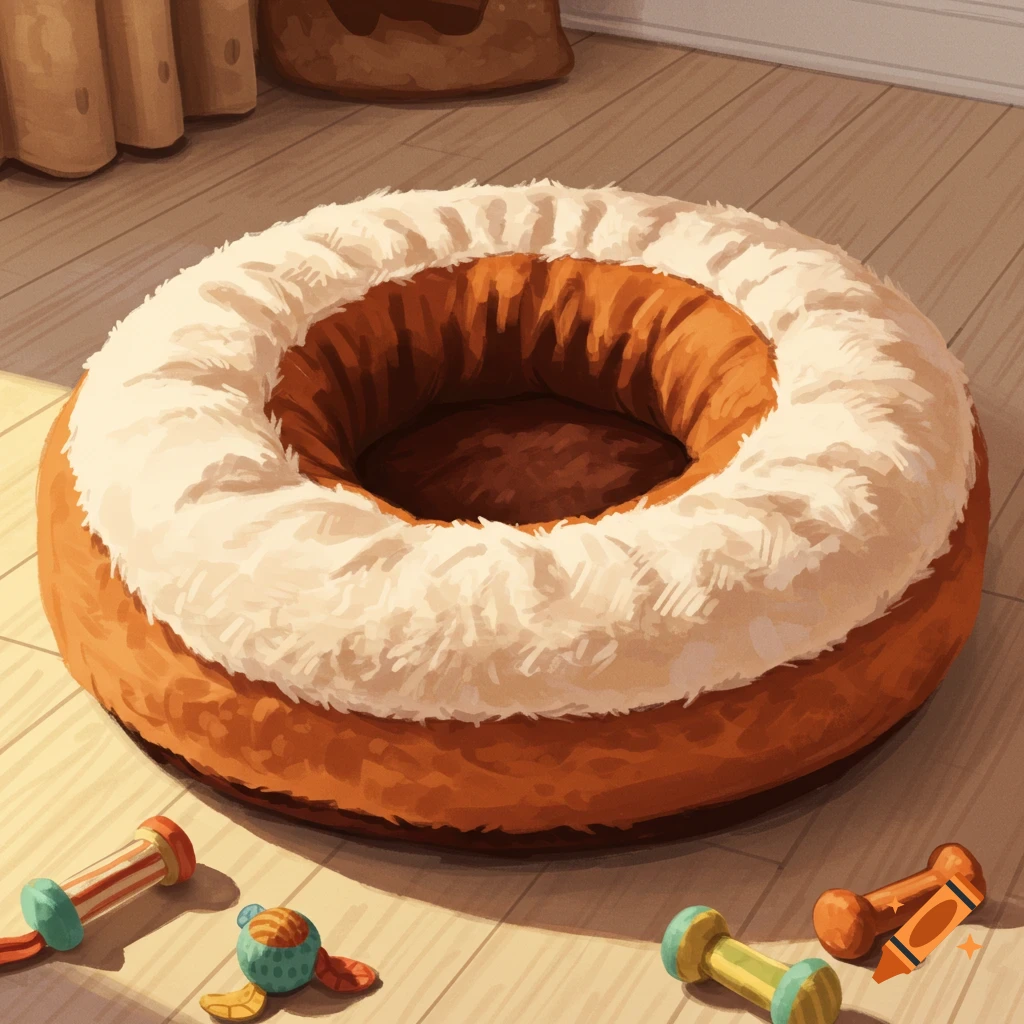 A round dog bed and dog toys on a wooden floor.