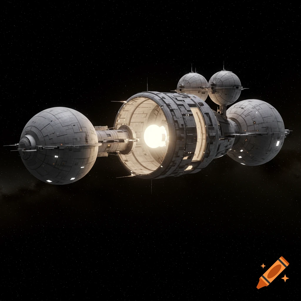 A detailed, stylized spaceship with multiple spherical sections and a glowing central core floats in deep space against a backdrop of stars.