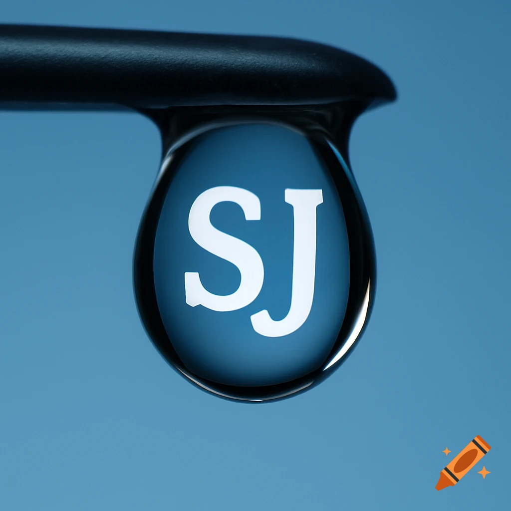 Close-up of a water drop with the letters SJ inside reflecting on a blue background.