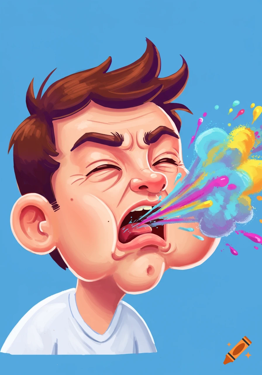 A cartoon person is sneezing colorful particles.
