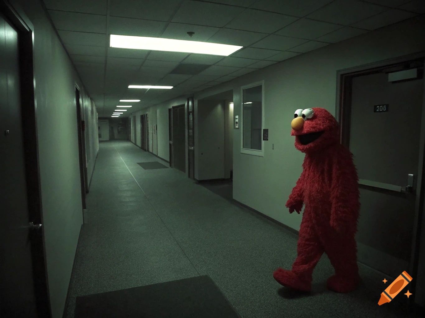 Elmo walks down a dark office hallway.