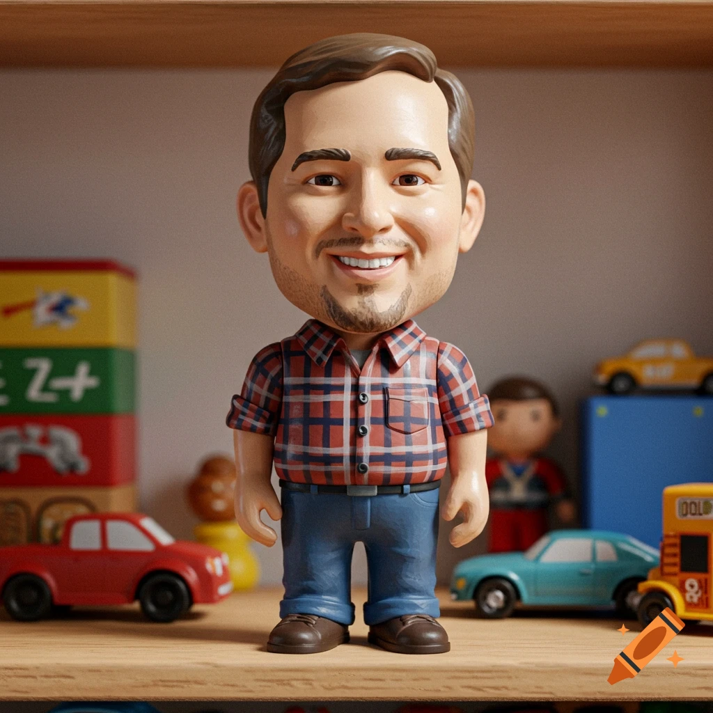 A bobblehead toy figurine of a man in a plaid shirt and jeans, on a shelf with other toys.