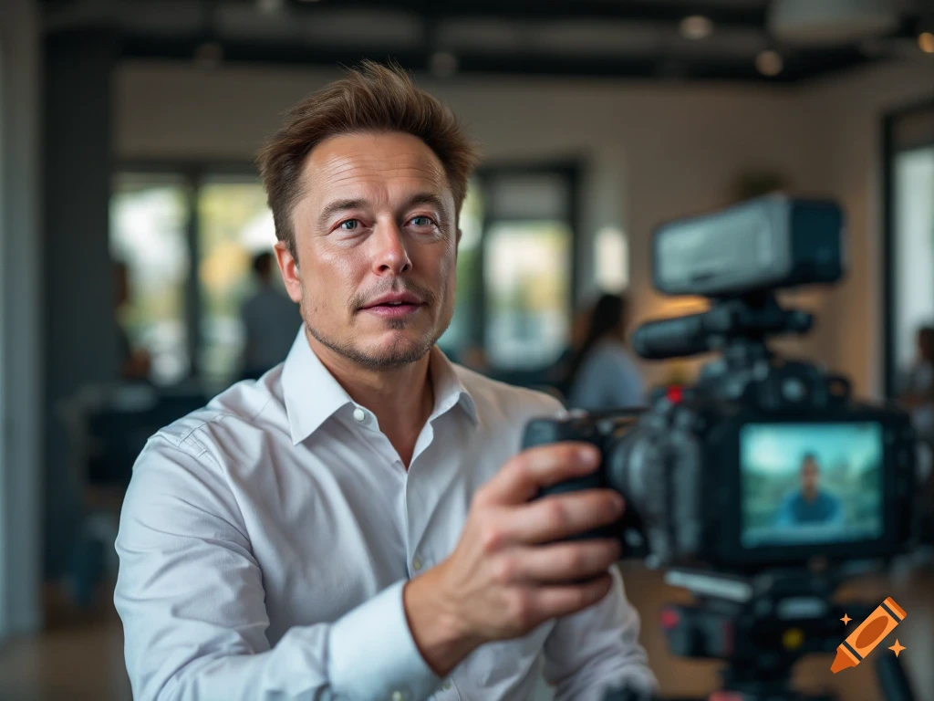 Elon Musk filming a vlog with a camera indoors