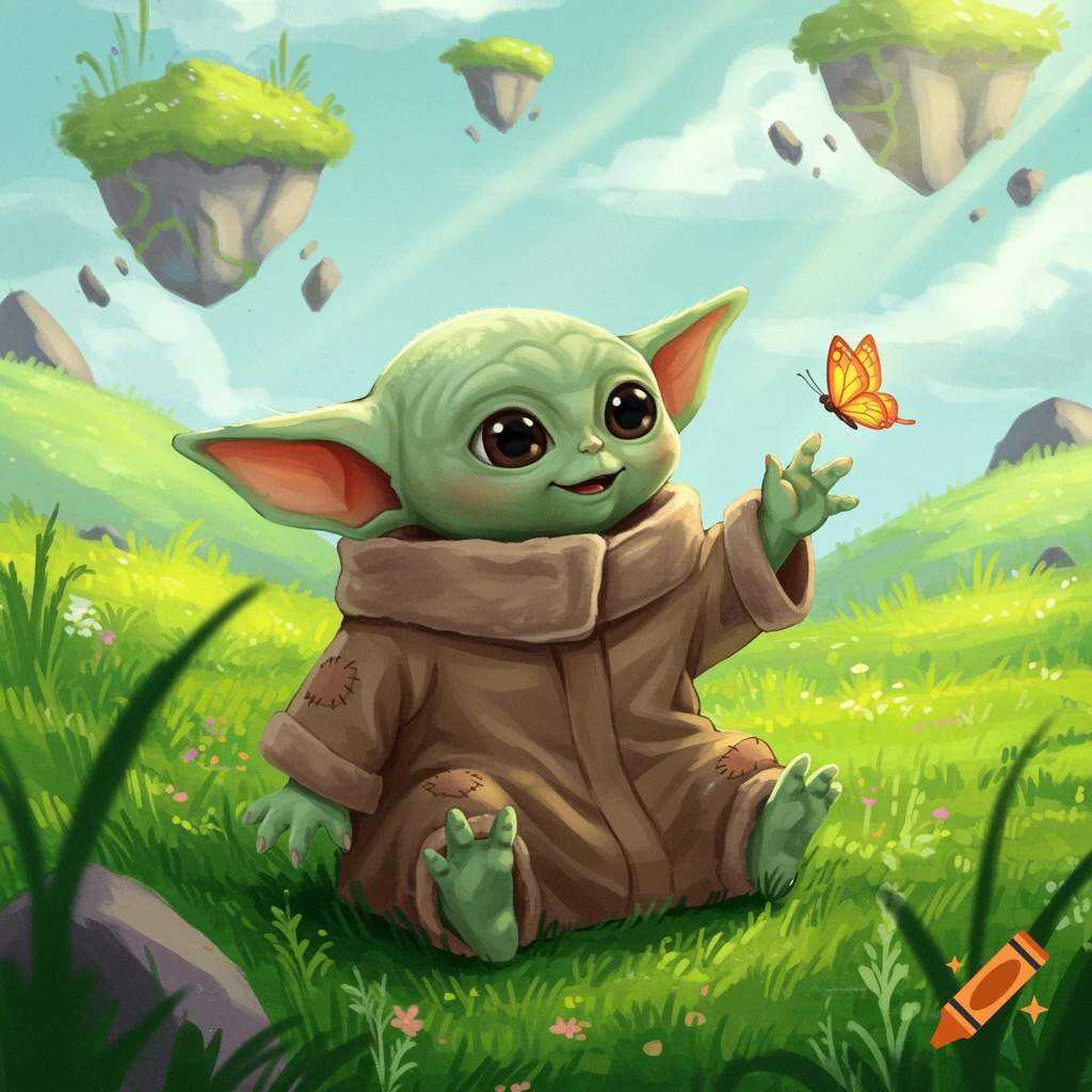 Grogu sits in a grassy meadow reaching for a butterfly with floating islands in the background. Digital illustration.
