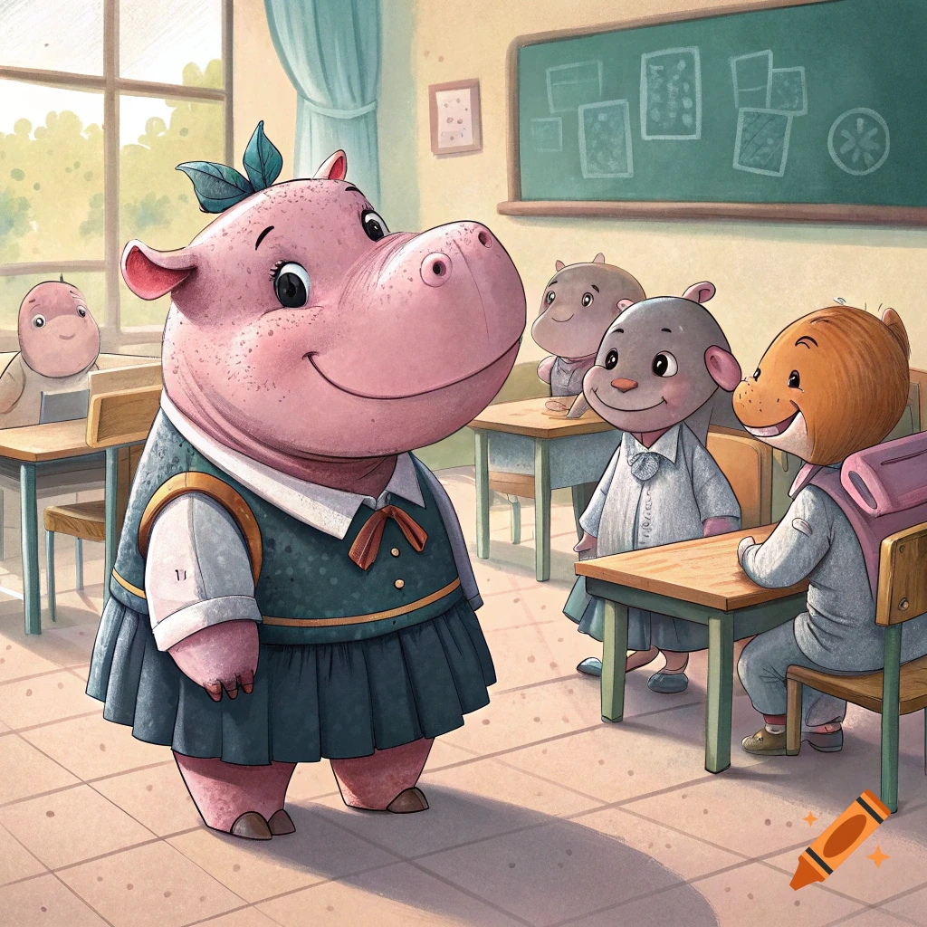 Pink hippo student standing in front of animal classmates in a classroom, illustration.