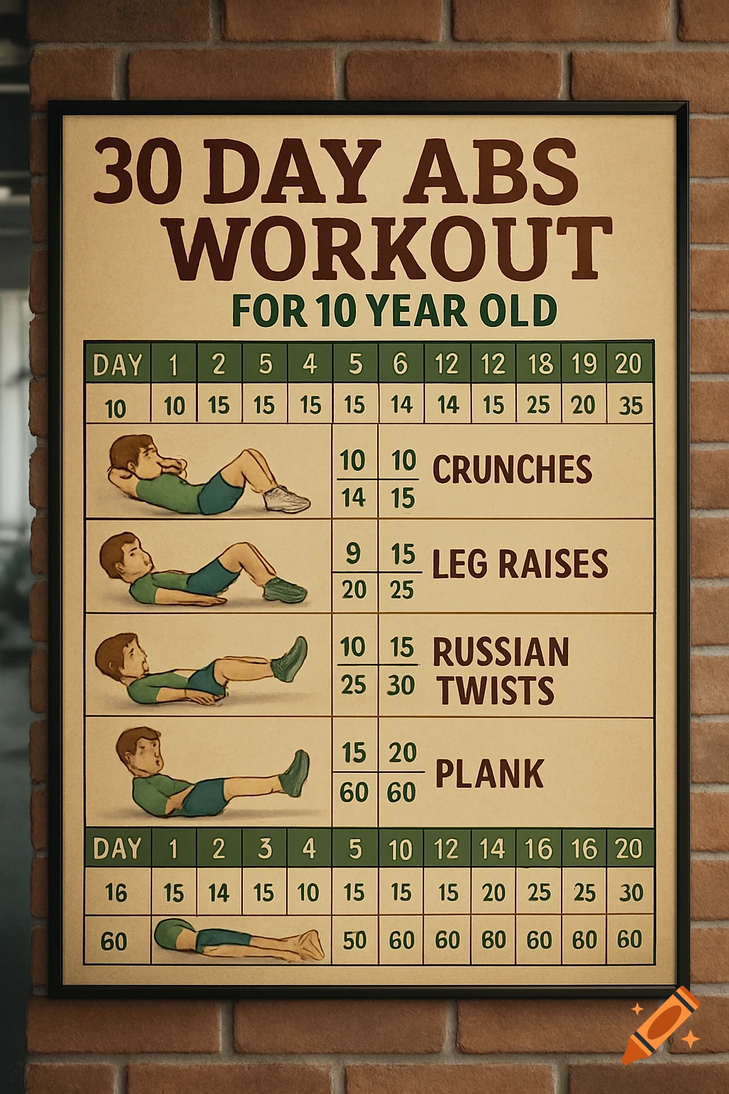 A 30-day abs workout chart for 10-year-olds, featuring illustrations of exercises like crunches, leg raises, Russian twists, and planks.