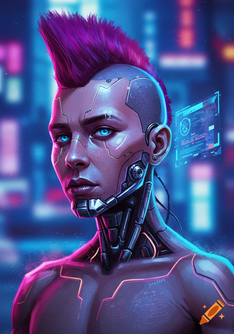 Close-up of a person with a purple mohawk and cyborg implants in a sci-fi setting.