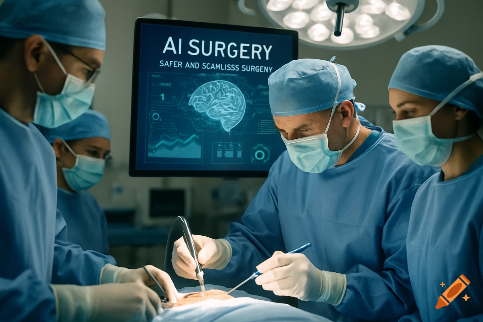 Surgeons perform surgery in an operating room with an AI monitoring screen.