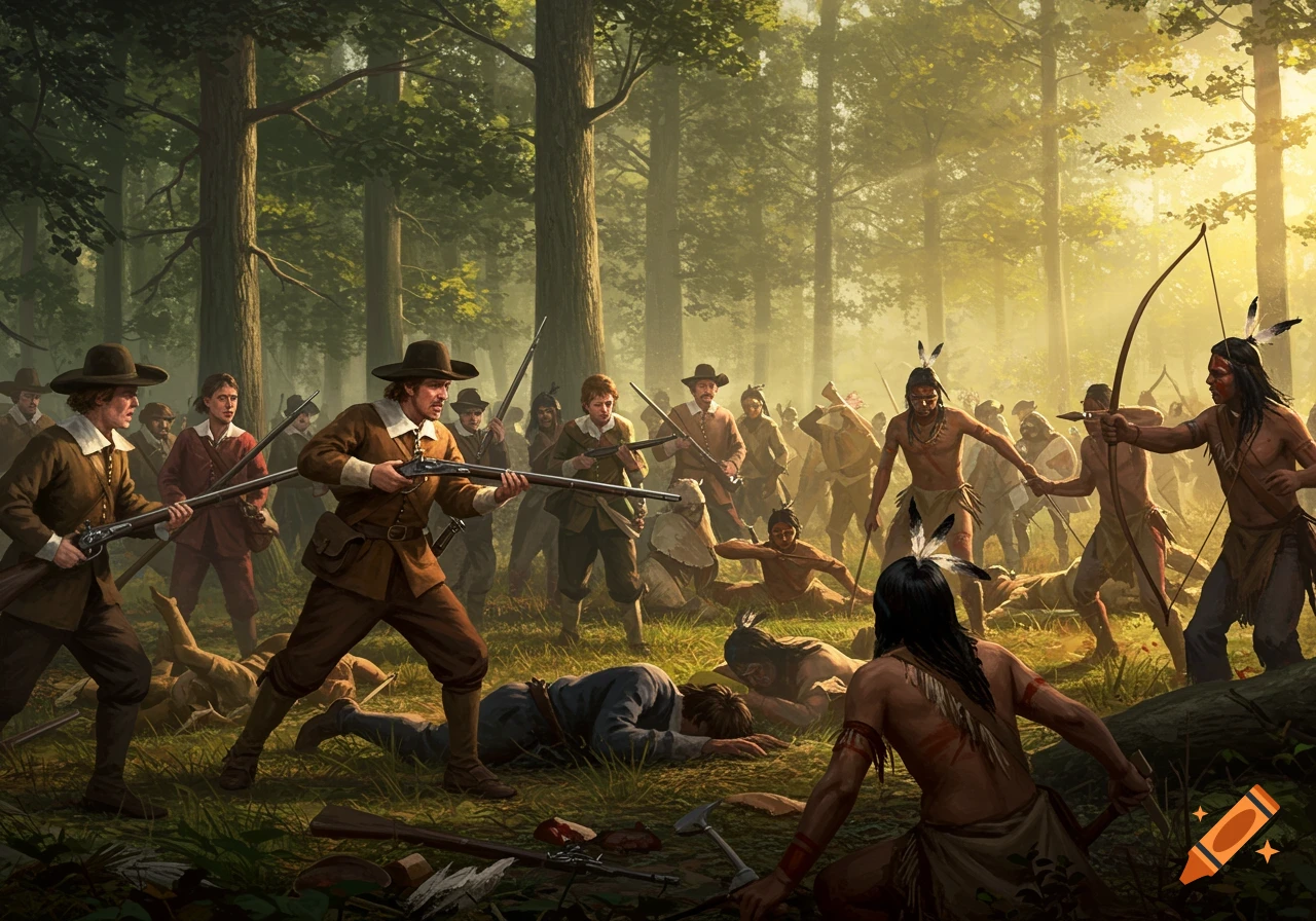 English colonists fighting Wampanoag warriors in a forest clearing during King Philip's War.