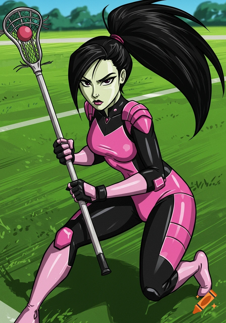 A cartoon character in a pink and black suit plays lacrosse on a field.