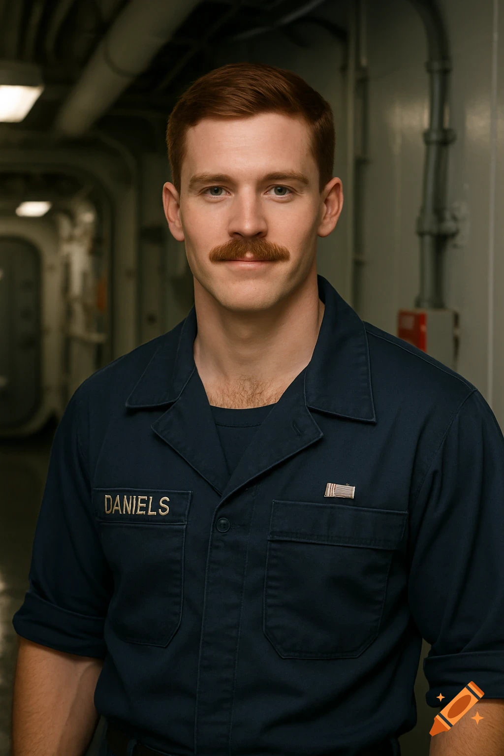 Young man with mustache in US Navy uniform standing in ship corridor