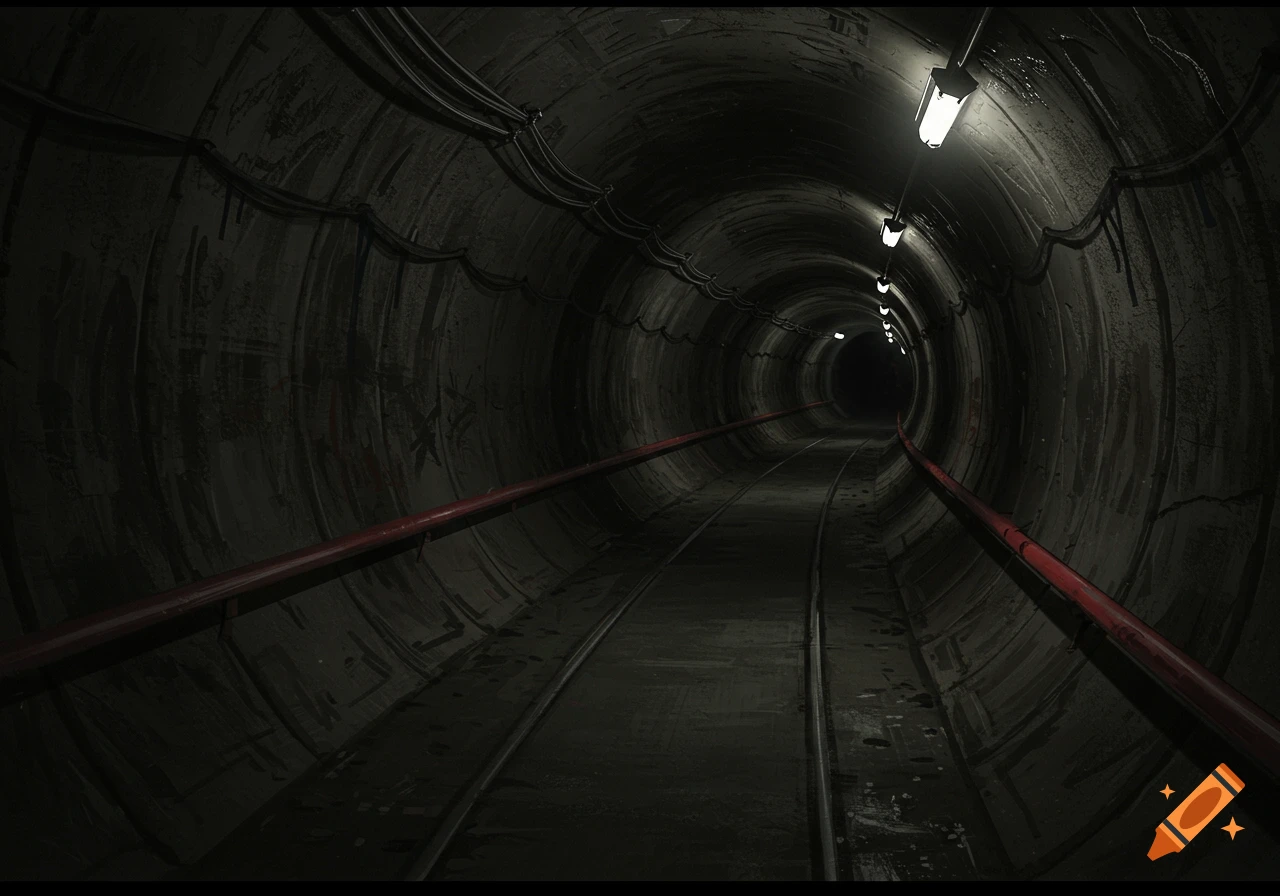 Dark, ominous tunnel with railway tracks and receding lights.