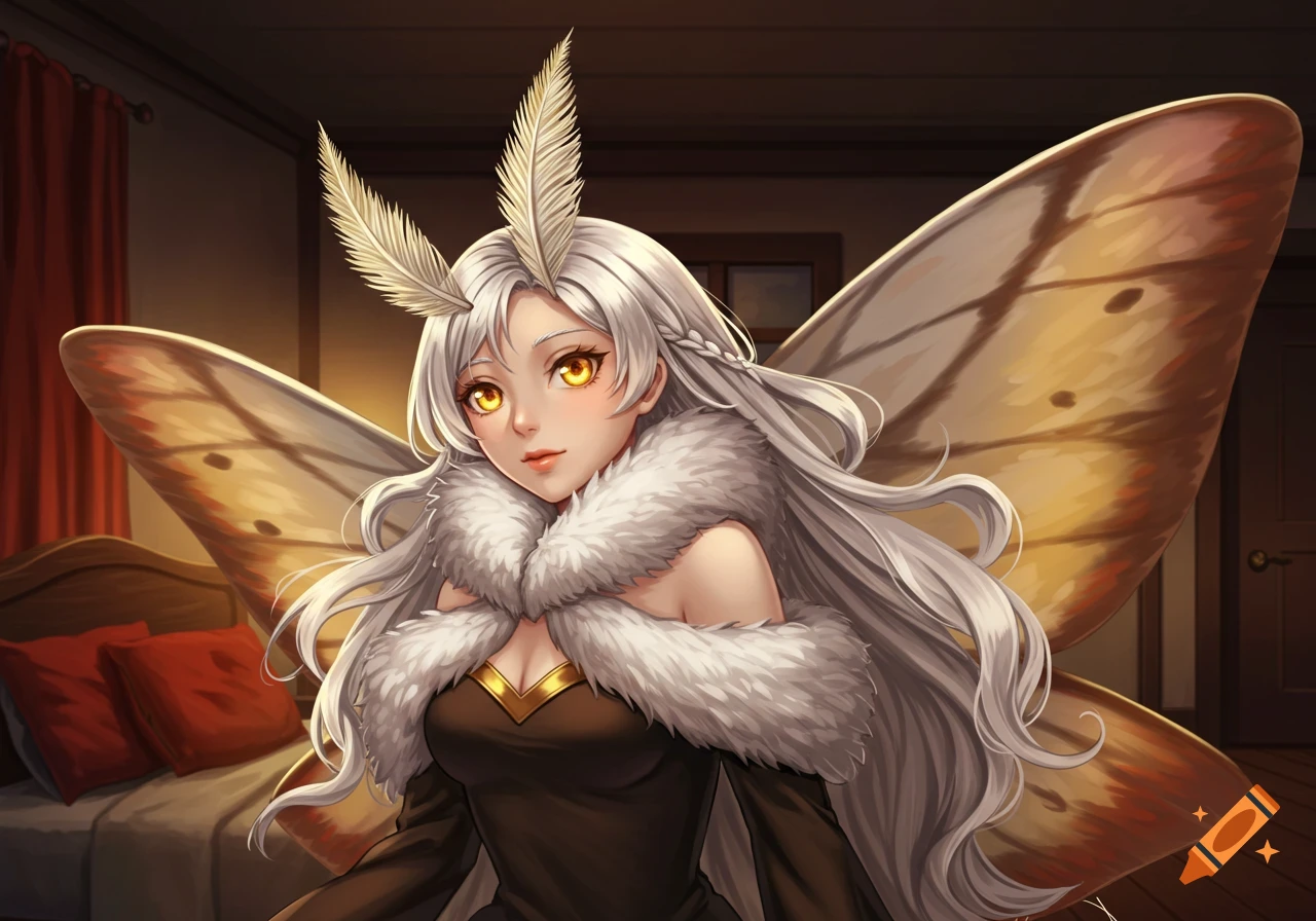 Anime style portrait of a female character with white hair, gold eyes, moth antennae, and large moth wings in a dimly lit room.