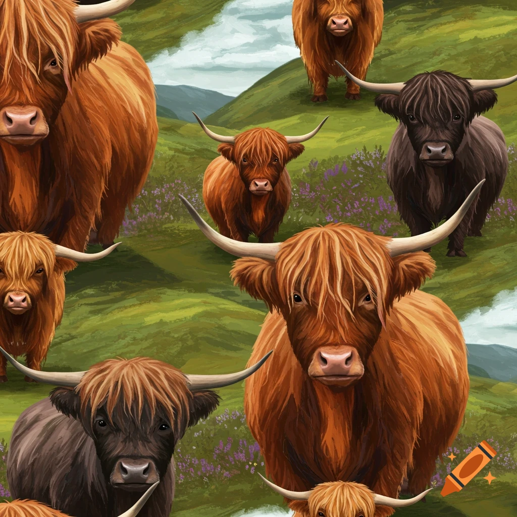 Multiple brown and black Highland cows in a hilly landscape pattern.