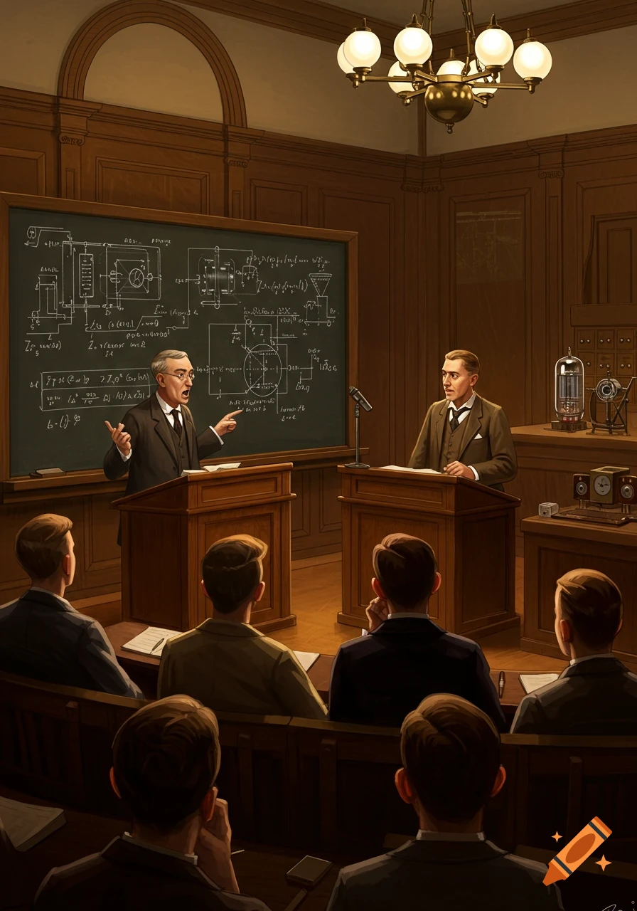 Two men debate from podiums in a lecture hall with a blackboard.