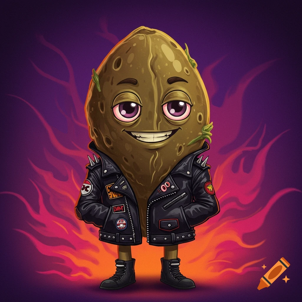 Cartoon cannabis seed character in biker jacket and boots with flame background.