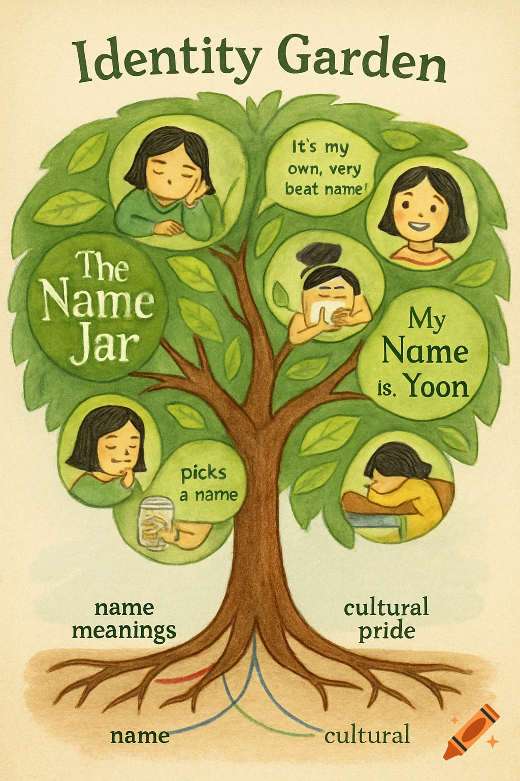 Watercolor illustration of a tree called Identity Garden showing characters and text about names, culture, and identity.