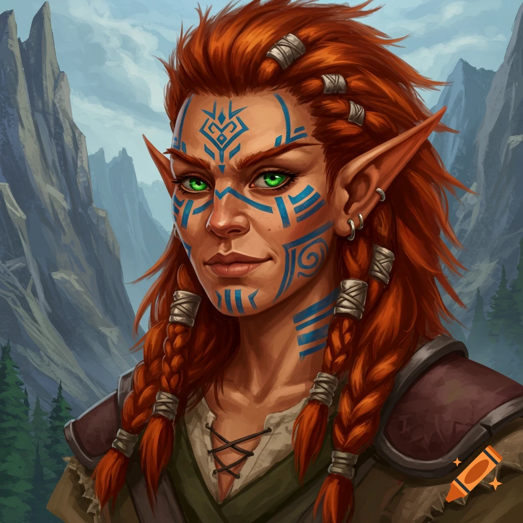 A female fantasy character with red hair, braids, elven ears, and blue facial tattoos.