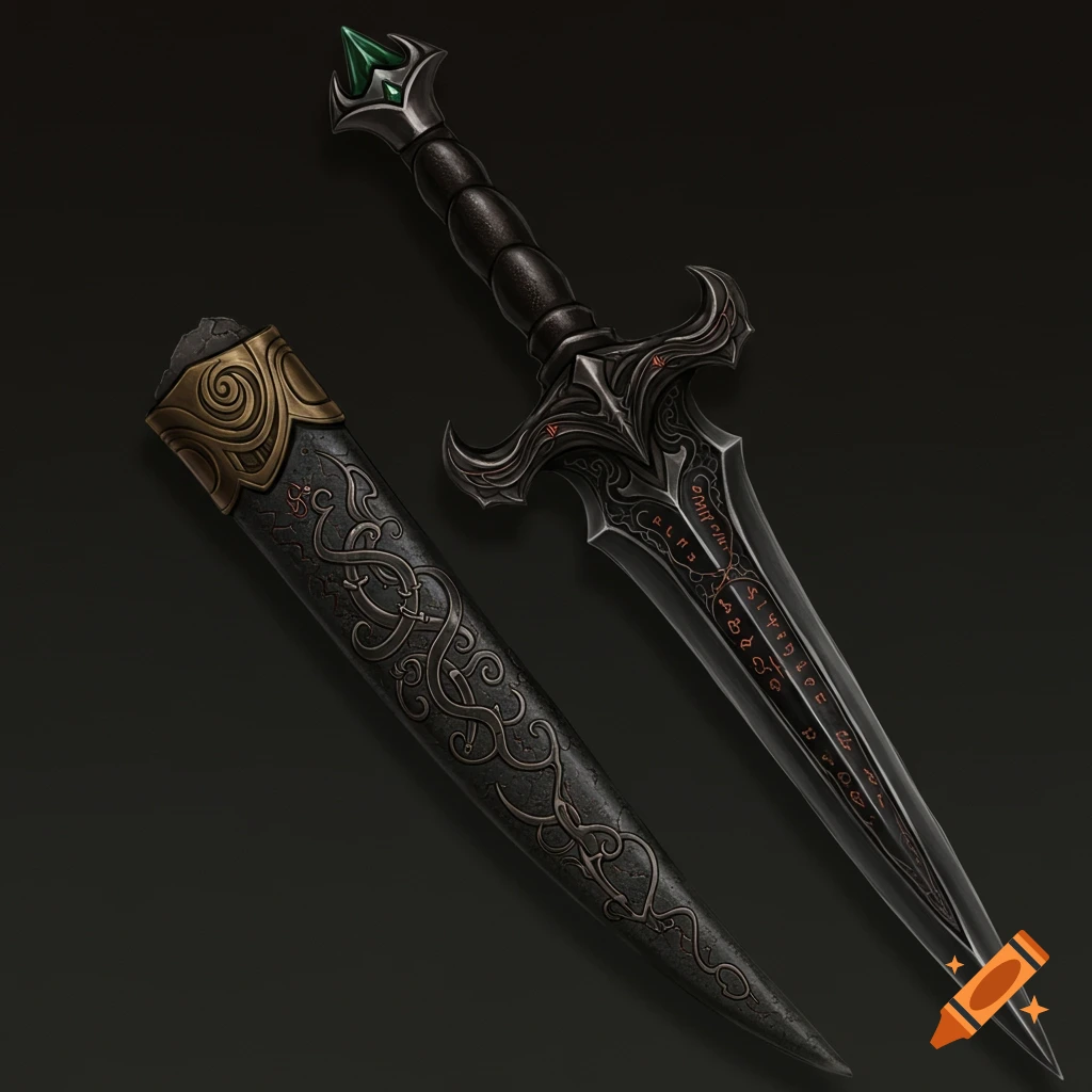 A fantasy dagger and sheath with draconic rune-like engravings.