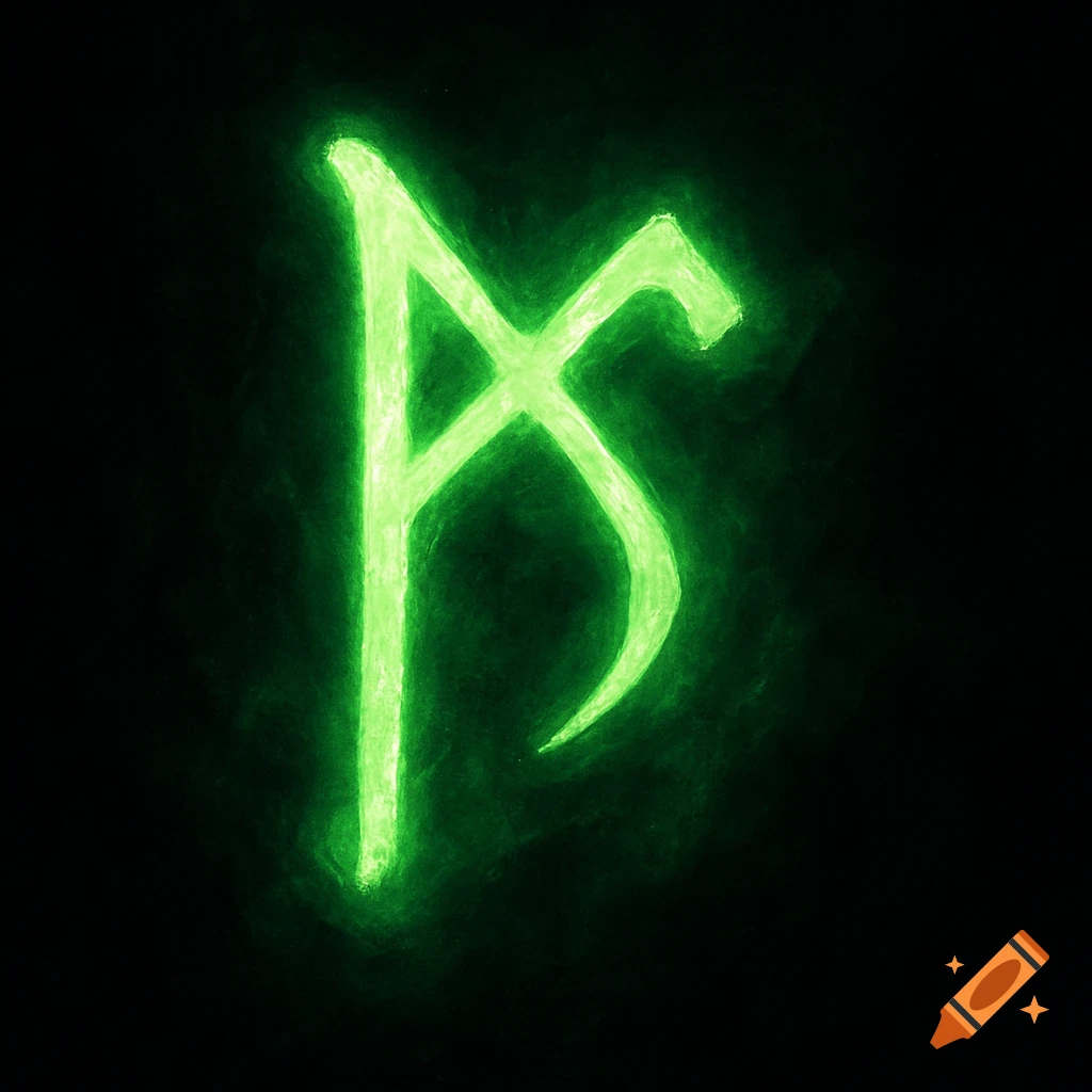 A glowing green Elvish rune on a black background, digital art