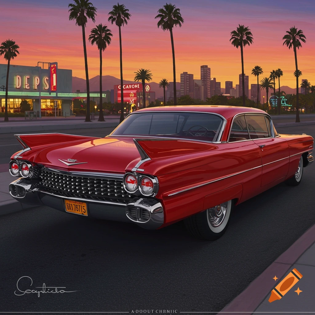 A red 1959 Cadillac Coupe de Ville on a street at sunset with palm trees and a cityscape.