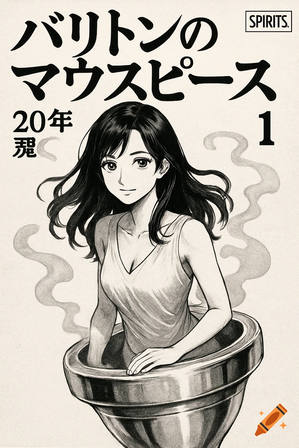 Black and white manga cover of a girl emerging from a baritone mouthpiece with Japanese text.