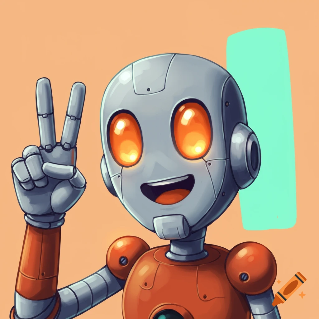 Cartoon robot character giving a peace sign