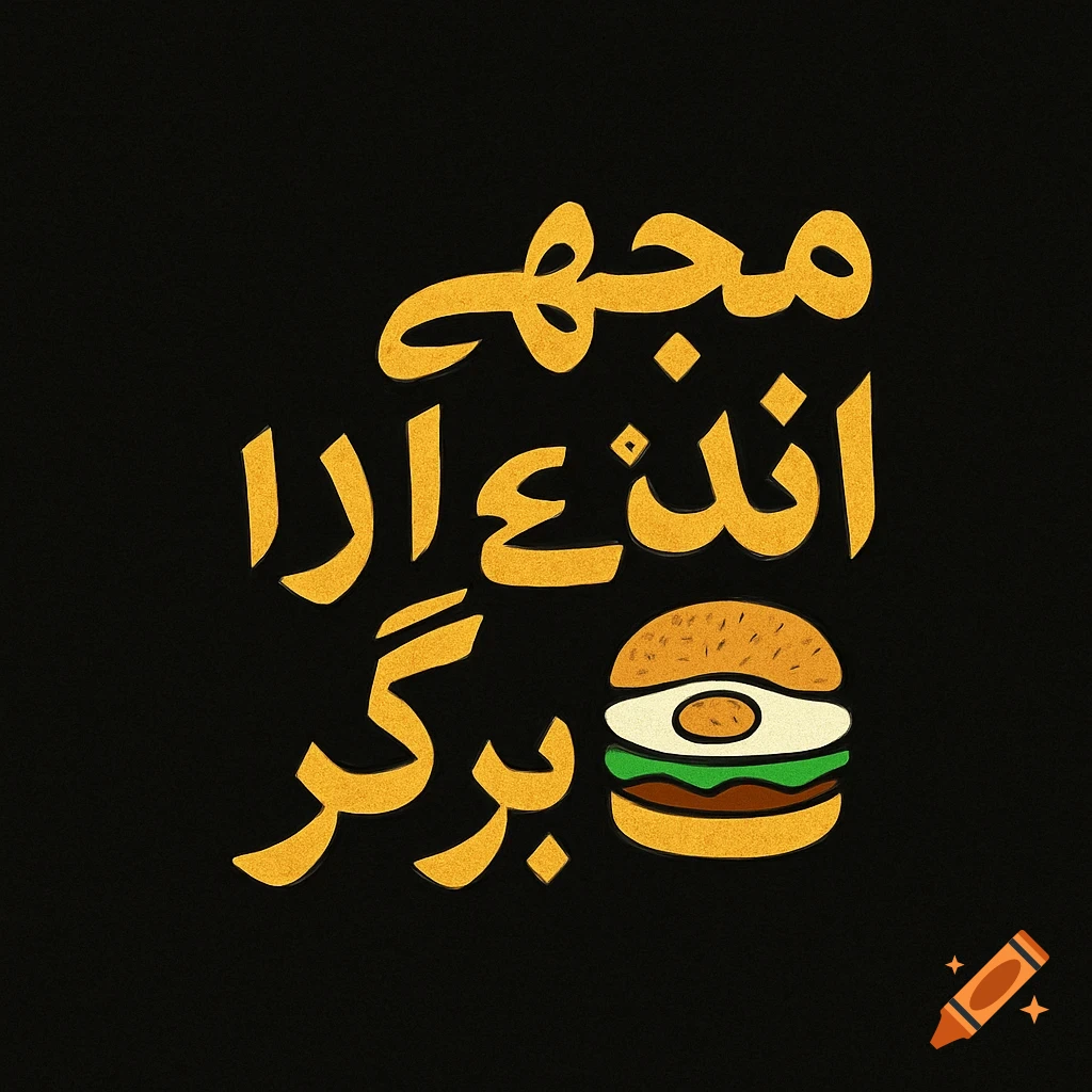 Yellow Arabic text and a cartoon egg burger illustration on a black background.