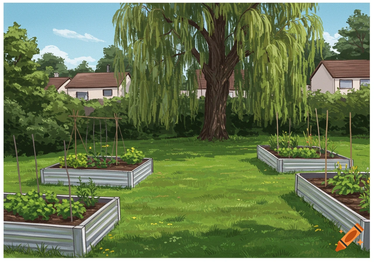 Backyard garden with raised beds and a large willow tree.