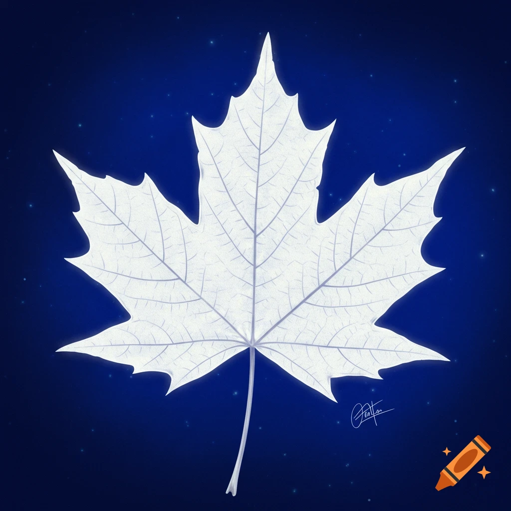 White maple leaf illustration on a starry blue background.